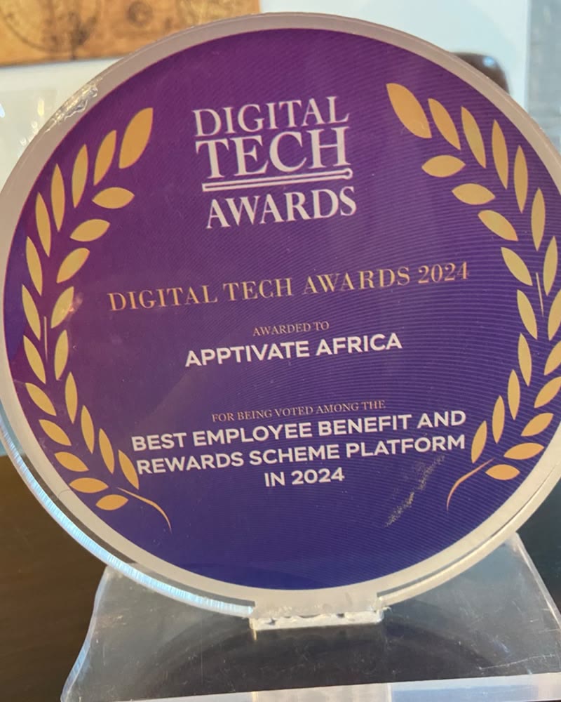 Digital Tech Awards 2024 trophy awarded to Apptivate Africa for Best Employee Benefit and Rewards Scheme Platform